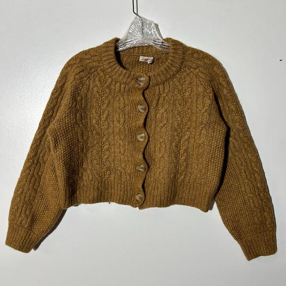 Faherty Cable Knit Baby Alpaca Cropped Brown Cardigan Sweater Women’s Size Large - Picture 1 of 8